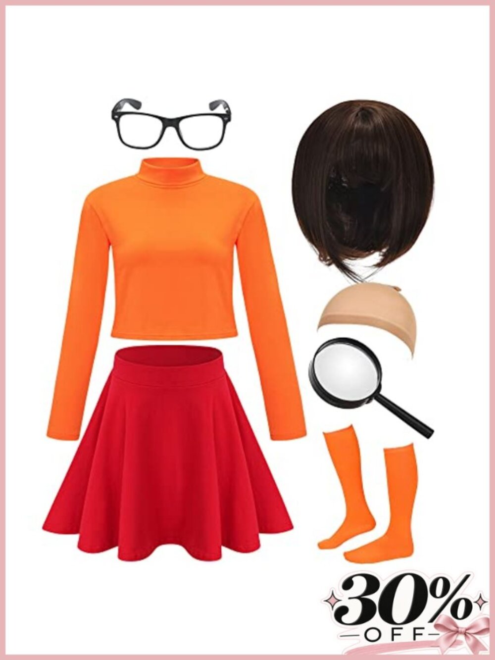 7Pc Women's Halloween Costume Set Long Sleeve Crop Top Skater Skirt Cosplay
